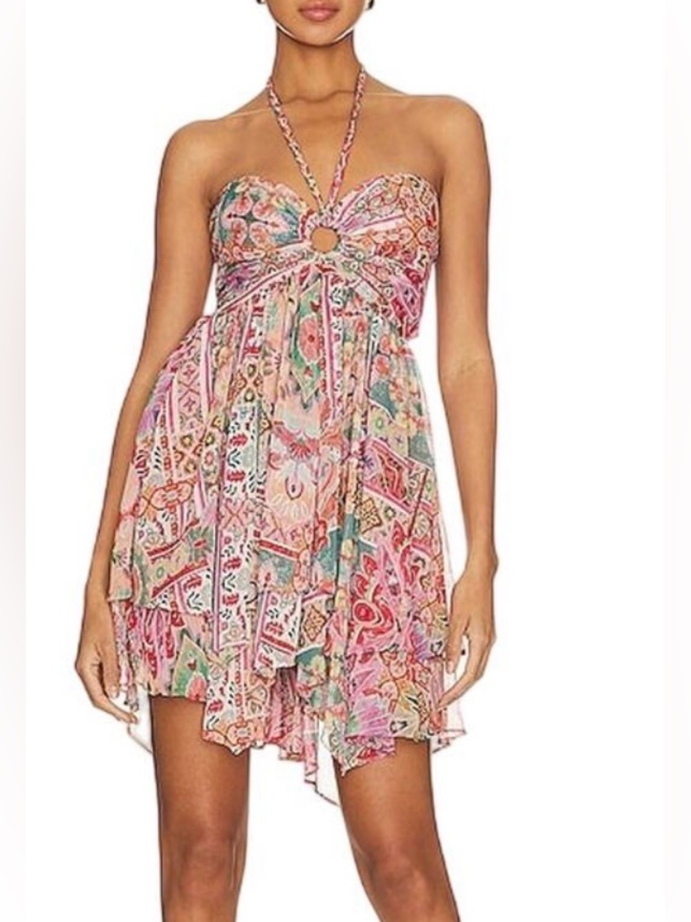 NEW Misa Los Angeles Bendetta Asymmetrical Strapless Pink Green Halter Dress M